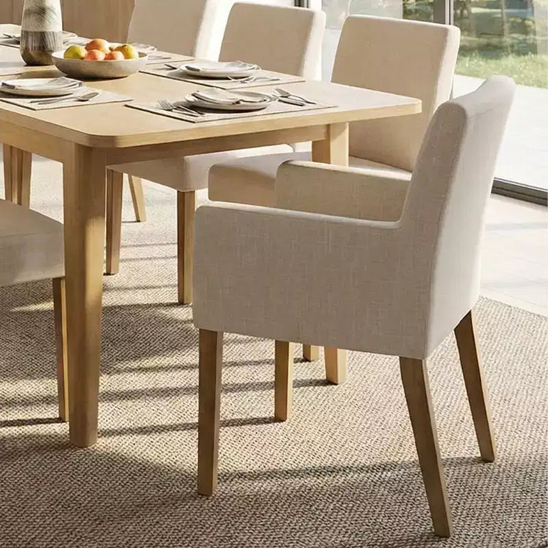 9-Piece Dining Table Set with Leaf, Includes 6 Armless Chairs and 2 Armchairs in Neutral Linen, Solid Wood Legs, Modern Style-Panipeachy
