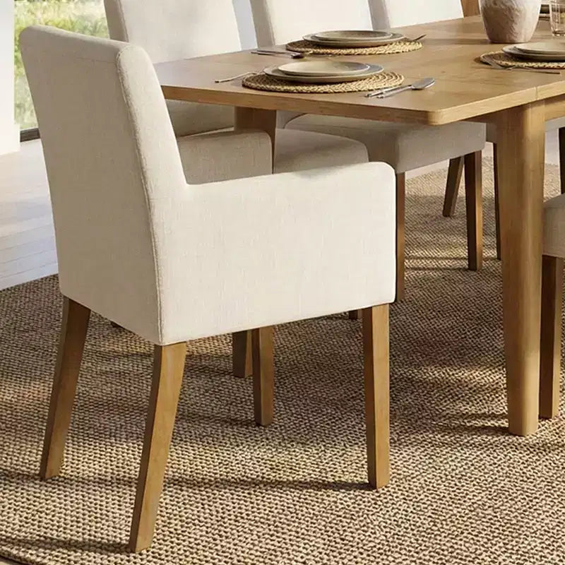 9-Piece Dining Table Set with Leaf, Includes 6 Armless Chairs and 2 Armchairs in Neutral Linen, Solid Wood Legs, Modern Style-Panipeachy