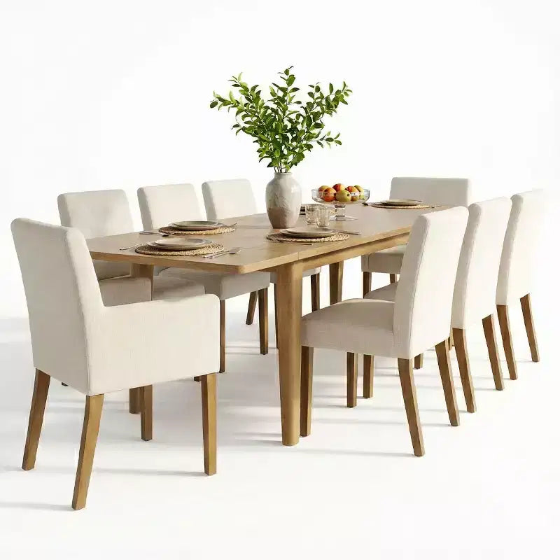 9-Piece Dining Table Set with Leaf, Includes 6 Armless Chairs and 2 Armchairs in Neutral Linen, Solid Wood Legs, Modern Style-Panipeachy