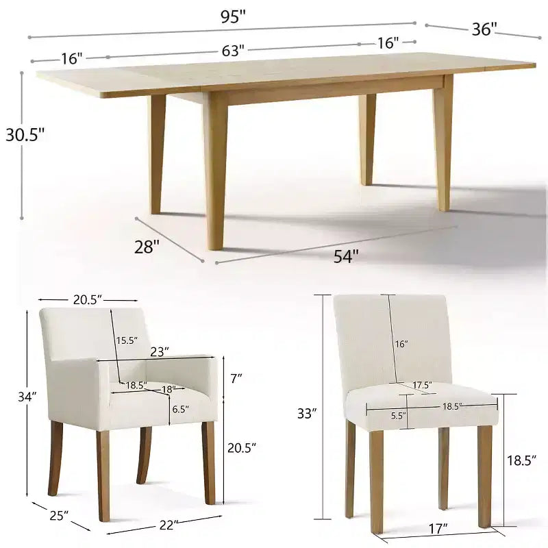 9-Piece Dining Table Set with Leaf, Includes 6 Armless Chairs and 2 Armchairs in Neutral Linen, Solid Wood Legs, Modern Style-Panipeachy