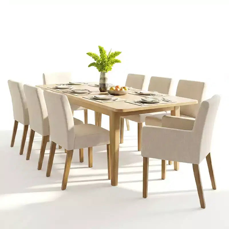 9-Piece Dining Table Set with Leaf, Includes 6 Armless Chairs and 2 Armchairs in Neutral Linen, Solid Wood Legs, Modern Style-Panipeachy