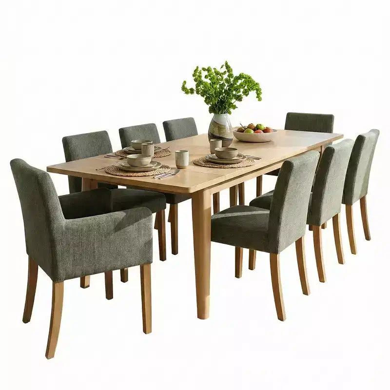 9-Piece Dining Table Set with Leaf, Includes 6 Armless Chairs and 2 Armchairs in Neutral Linen, Solid Wood Legs, Modern Style-Panipeachy
