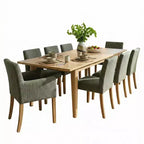 9-Piece Dining Table Set with Leaf, Includes 6 Armless Chairs and 2 Armchairs in Neutral Linen, Solid Wood Legs, Modern Style-Panipeachy