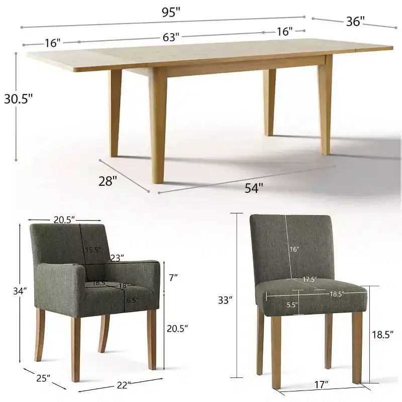 9-Piece Dining Table Set with Leaf, Includes 6 Armless Chairs and 2 Armchairs in Neutral Linen, Solid Wood Legs, Modern Style-Panipeachy
