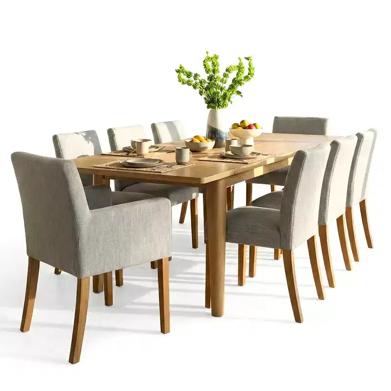 9-Piece Dining Table Set with Leaf, Includes 6 Armless Chairs and 2 Armchairs in Neutral Linen, Solid Wood Legs, Modern Style-Panipeachy