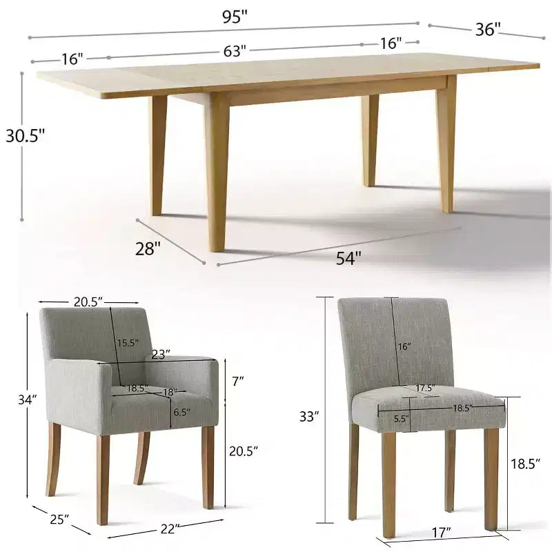9-Piece Dining Table Set with Leaf, Includes 6 Armless Chairs and 2 Armchairs in Neutral Linen, Solid Wood Legs, Modern Style-Panipeachy