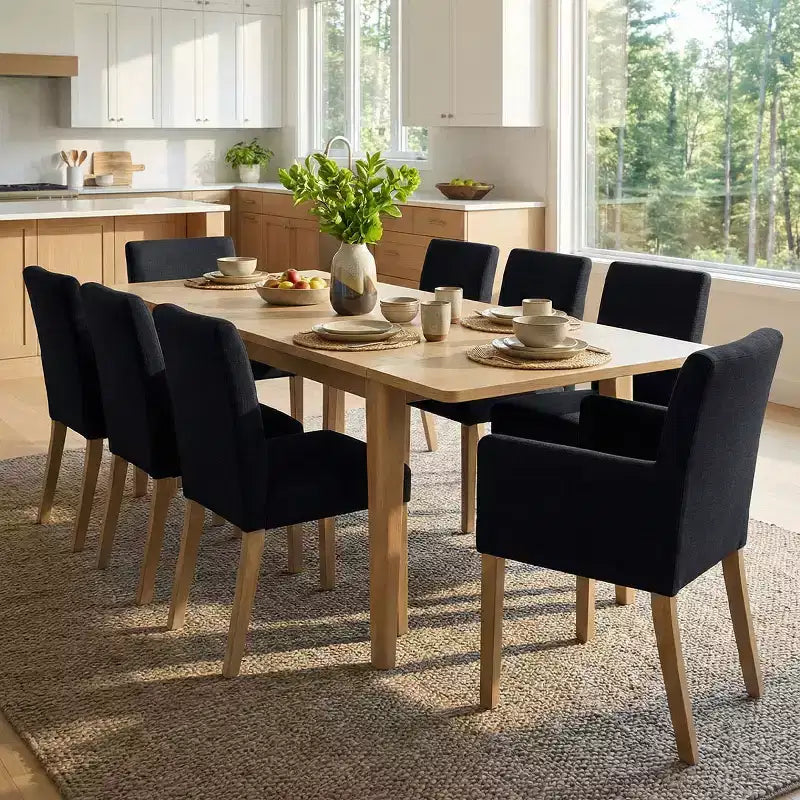 9-Piece Dining Table Set with Leaf, Includes 6 Armless Chairs and 2 Armchairs in Neutral Linen, Solid Wood Legs, Modern Style-Panipeachy