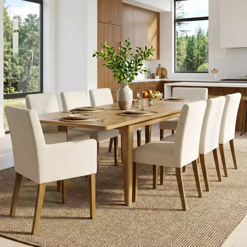 9-Piece Dining Table Set with Leaf, Includes 6 Armless Chairs and 2 Armchairs in Neutral Linen, Solid Wood Legs, Modern Style-Panipeachy