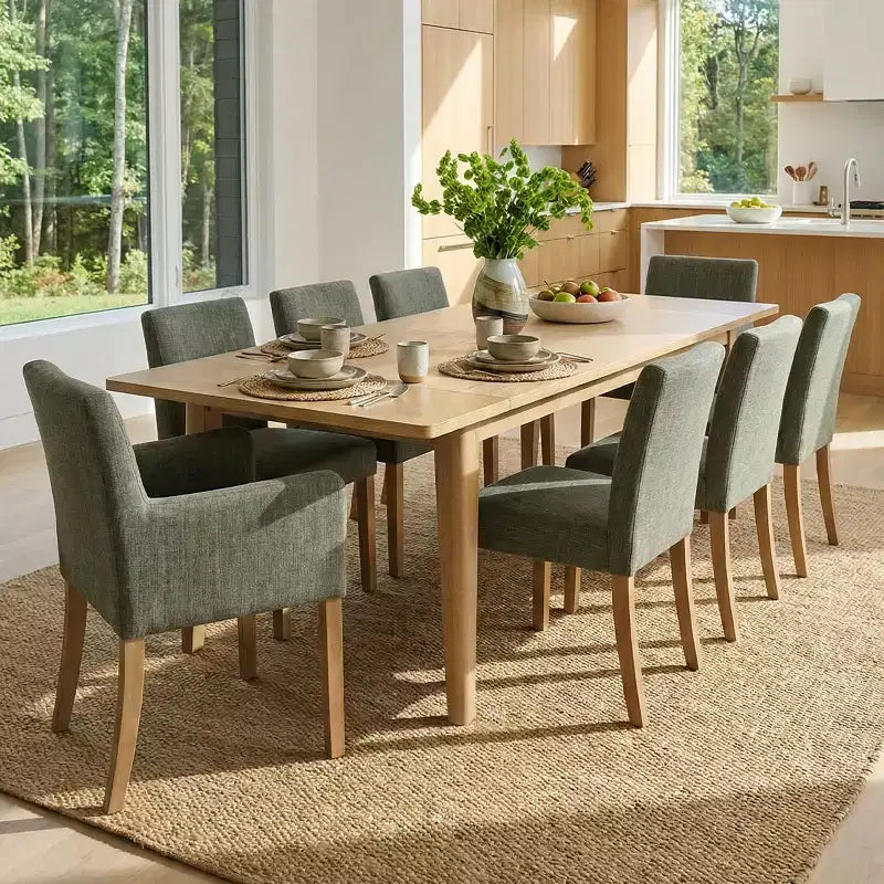 9-Piece Dining Table Set with Leaf, Includes 6 Armless Chairs and 2 Armchairs in Neutral Linen, Solid Wood Legs, Modern Style-Panipeachy