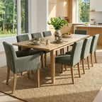 9-Piece Dining Table Set with Leaf, Includes 6 Armless Chairs and 2 Armchairs in Neutral Linen, Solid Wood Legs, Modern Style-Panipeachy