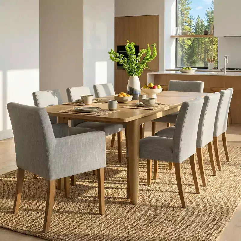 9-Piece Dining Table Set with Leaf, Includes 6 Armless Chairs and 2 Armchairs in Neutral Linen, Solid Wood Legs, Modern Style-Panipeachy