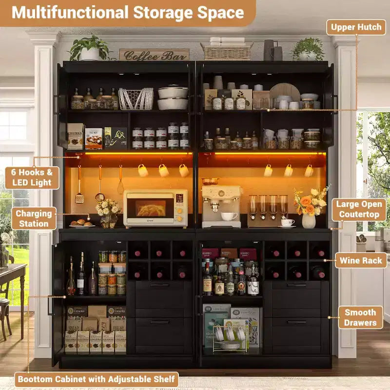 Besiost Kitchen Pantry with Charging Station, Cooffee Wine Bar Cabinet