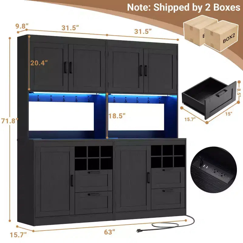 Besiost Kitchen Pantry with Charging Station, Cooffee Wine Bar Cabinet