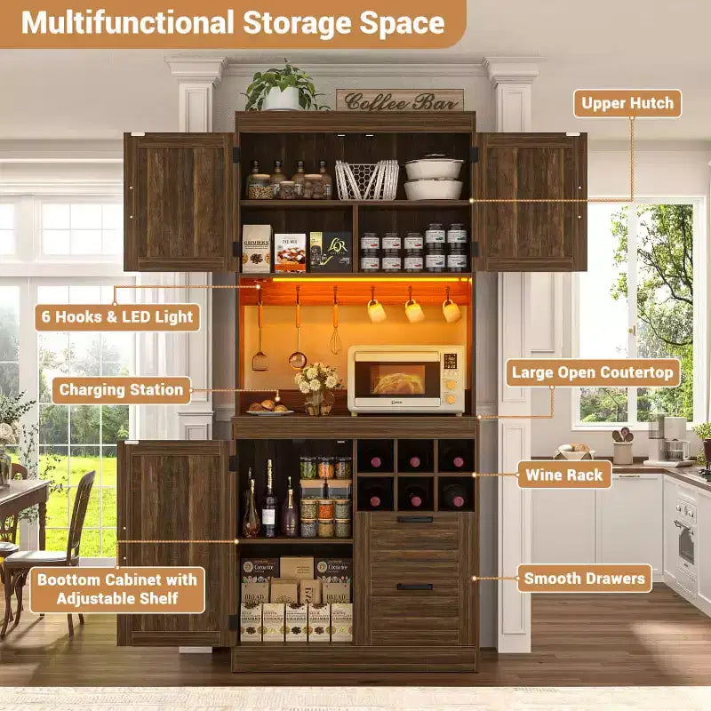 Besiost Kitchen Pantry with Charging Station, Cooffee Wine Bar Cabinet