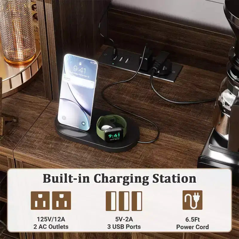 Besiost Kitchen Pantry with Charging Station, Cooffee Wine Bar Cabinet
