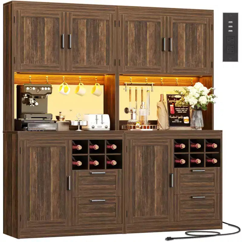 Besiost Kitchen Pantry with Charging Station, Cooffee Wine Bar Cabinet