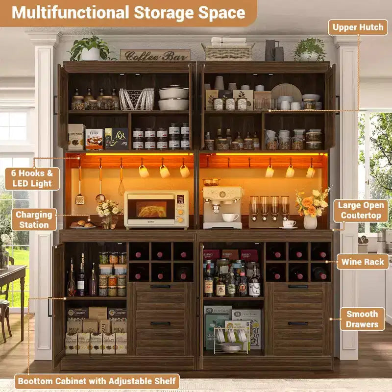 Besiost Kitchen Pantry with Charging Station, Cooffee Wine Bar Cabinet
