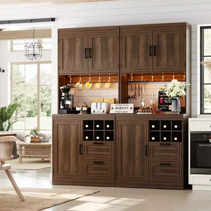 Besiost Kitchen Pantry with Charging Station, Cooffee Wine Bar Cabinet