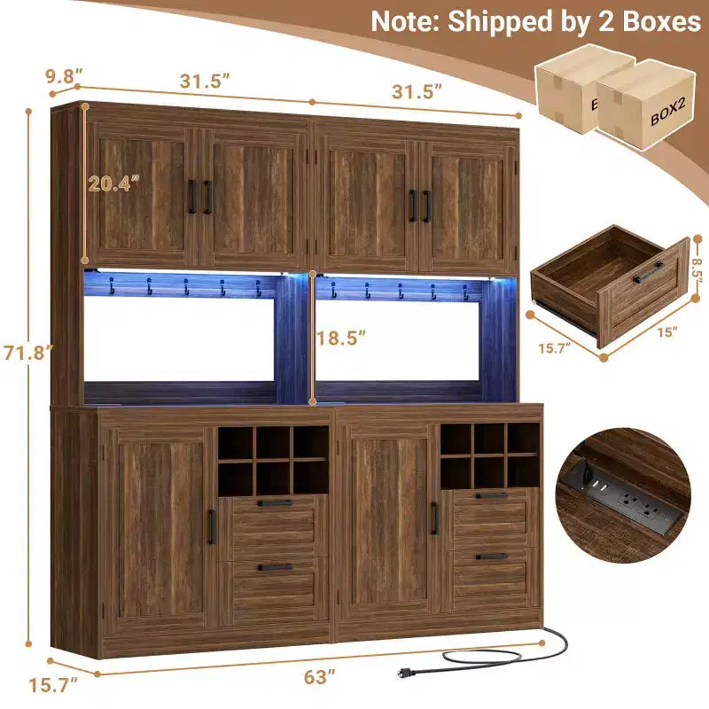 Besiost Kitchen Pantry with Charging Station, Cooffee Wine Bar Cabinet