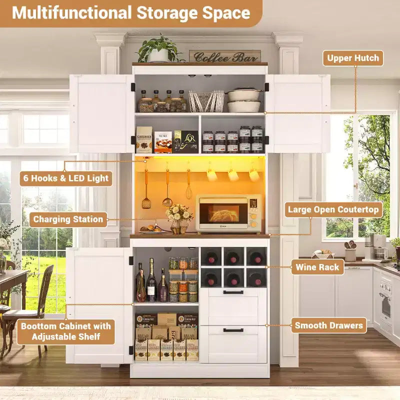 Besiost Kitchen Pantry with Charging Station, Cooffee Wine Bar Cabinet