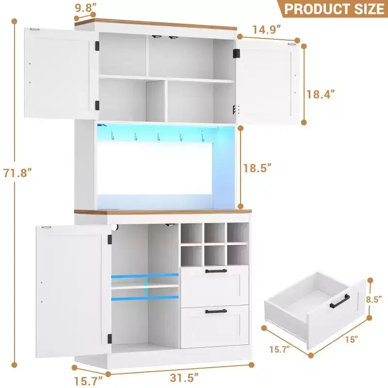 Besiost Kitchen Pantry with Charging Station, Cooffee Wine Bar Cabinet