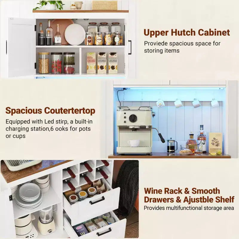 Besiost Kitchen Pantry with Charging Station, Cooffee Wine Bar Cabinet