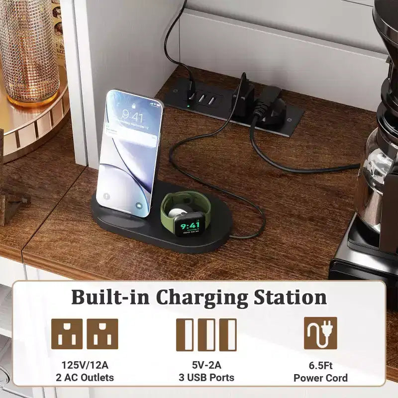 Besiost Kitchen Pantry with Charging Station, Cooffee Wine Bar Cabinet