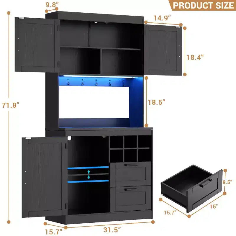 Besiost Kitchen Pantry with Charging Station, Cooffee Wine Bar Cabinet