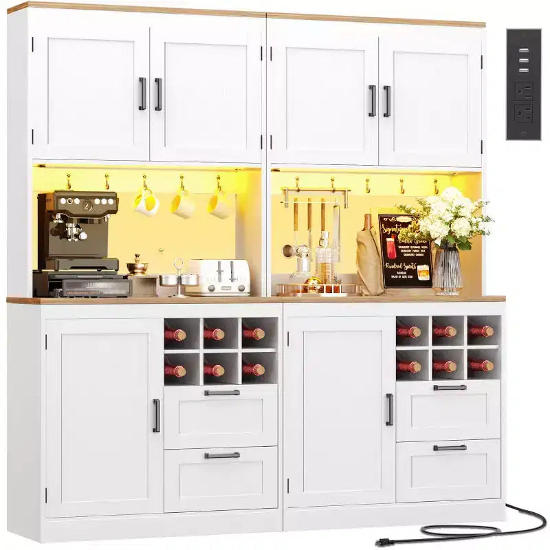 Besiost Kitchen Pantry with Charging Station, Cooffee Wine Bar Cabinet