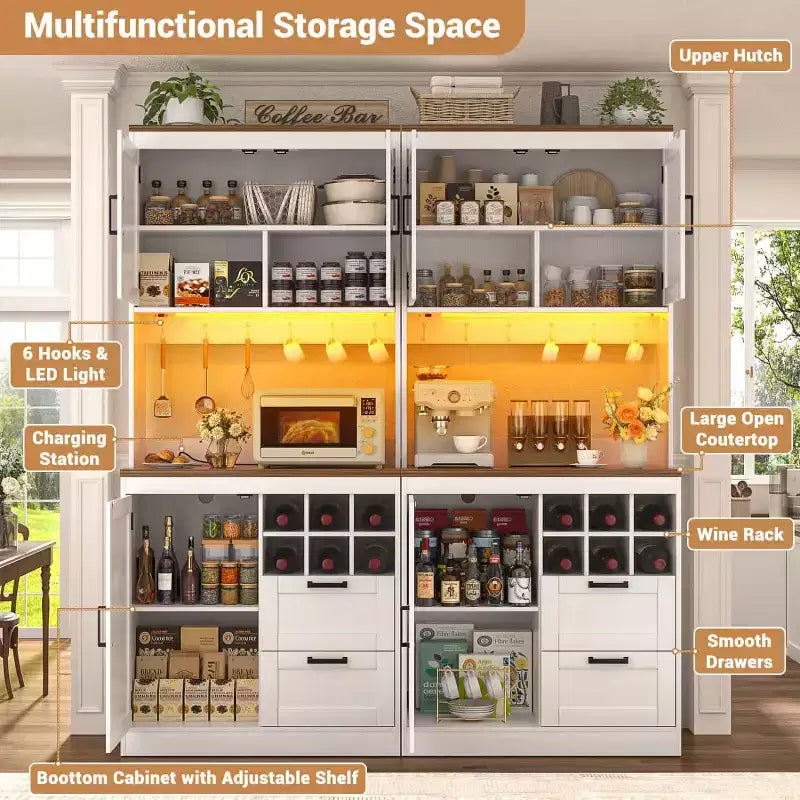 Besiost Kitchen Pantry with Charging Station, Cooffee Wine Bar Cabinet