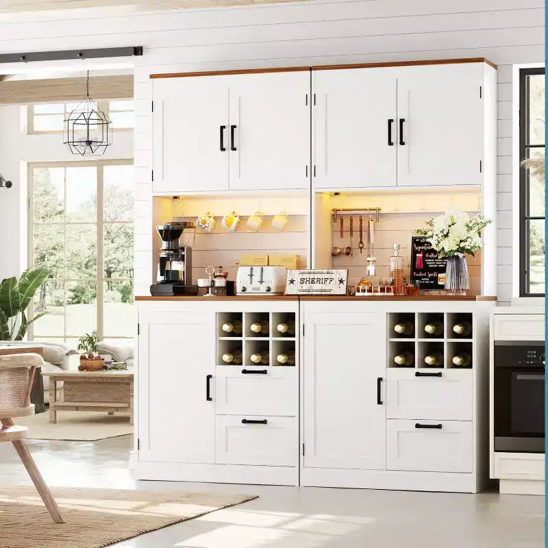 Besiost Kitchen Pantry with Charging Station, Cooffee Wine Bar Cabinet