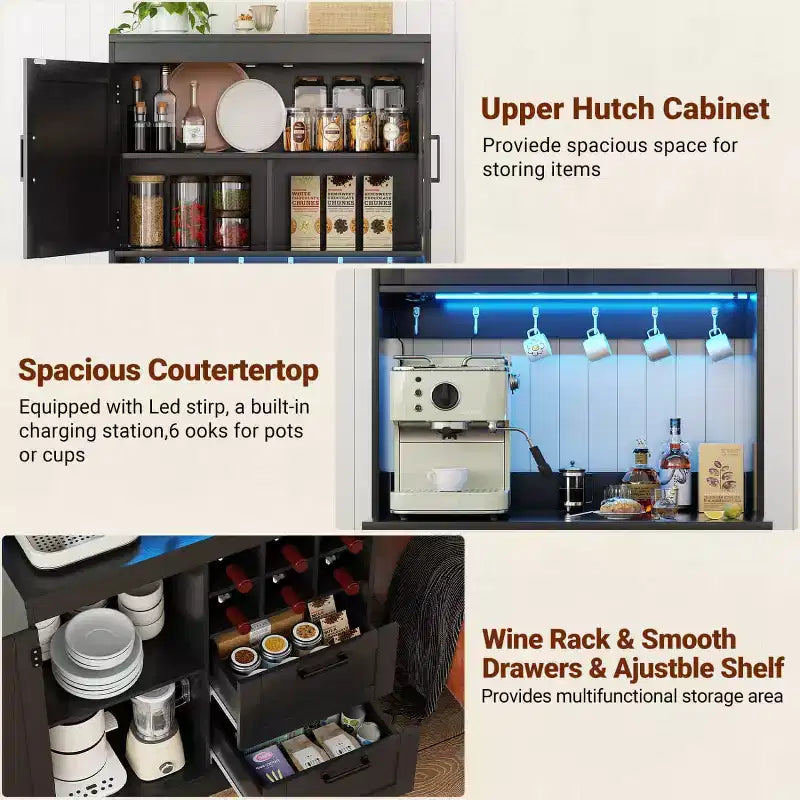 Besiost Kitchen Pantry with Charging Station, Cooffee Wine Bar Cabinet