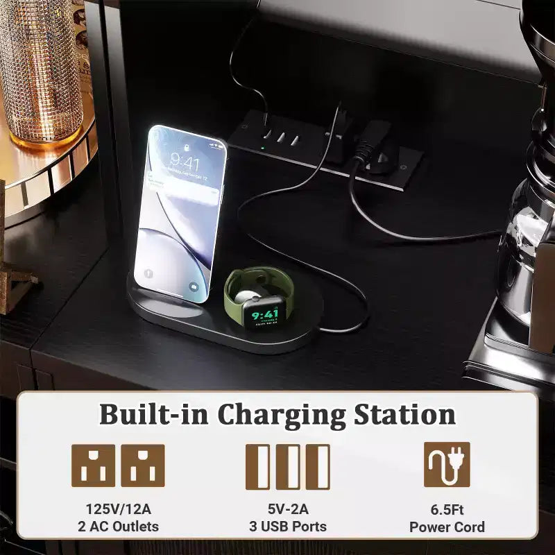 Besiost Kitchen Pantry with Charging Station, Cooffee Wine Bar Cabinet