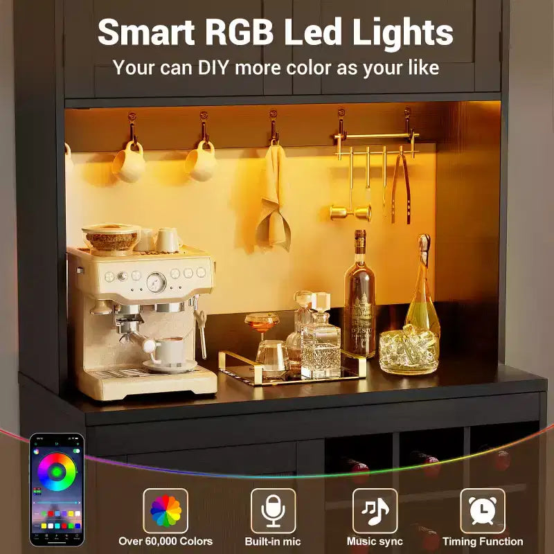 Besiost Kitchen Pantry with Charging Station, Cooffee Wine Bar Cabinet