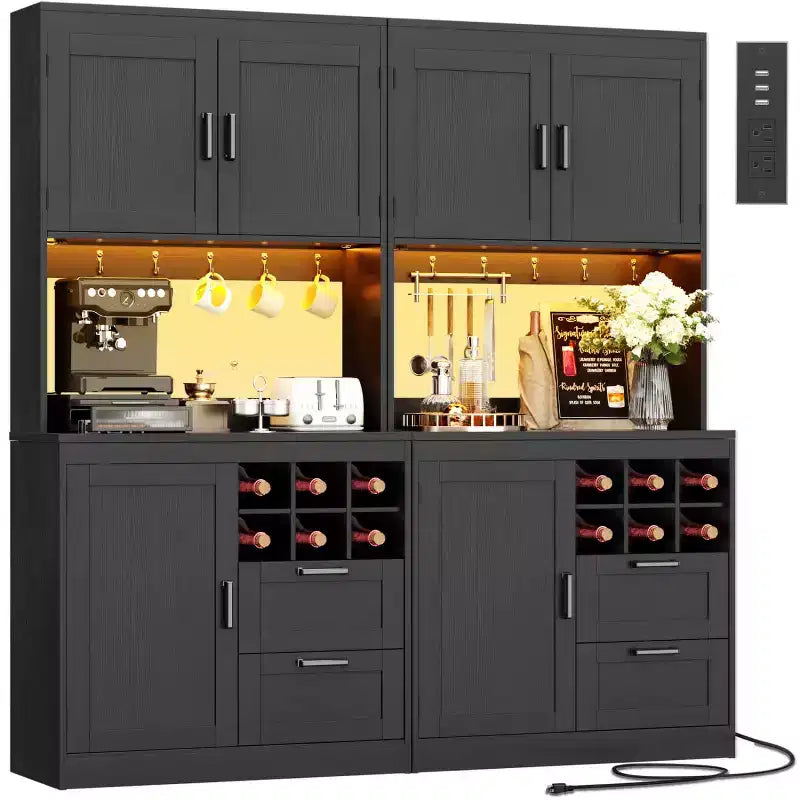 Besiost Kitchen Pantry with Charging Station, Cooffee Wine Bar Cabinet