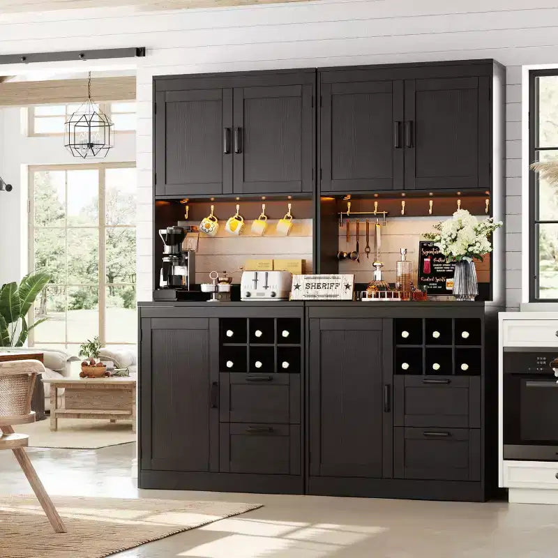 Besiost Kitchen Pantry with Charging Station, Cooffee Wine Bar Cabinet
