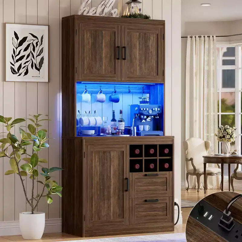 Besiost Kitchen Pantry with Charging Station, Cooffee Wine Bar Cabinet