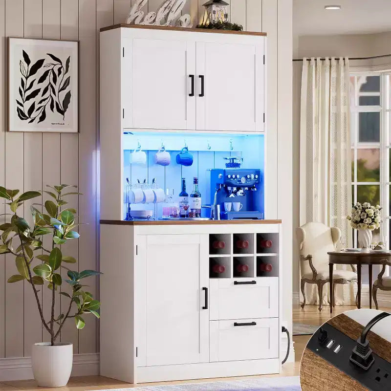 Besiost Kitchen Pantry with Charging Station, Cooffee Wine Bar Cabinet