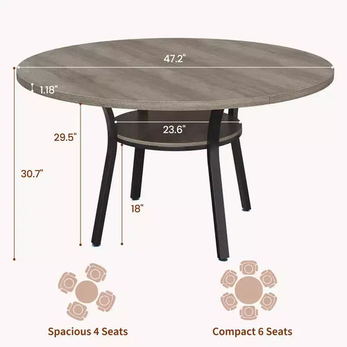 47'' Round Dining Table for 4-6 People, Farmhouse Kitchen Dining Table, Round Dinner Table with Storage Shelf for Kitchen, Living Room (Table Only)