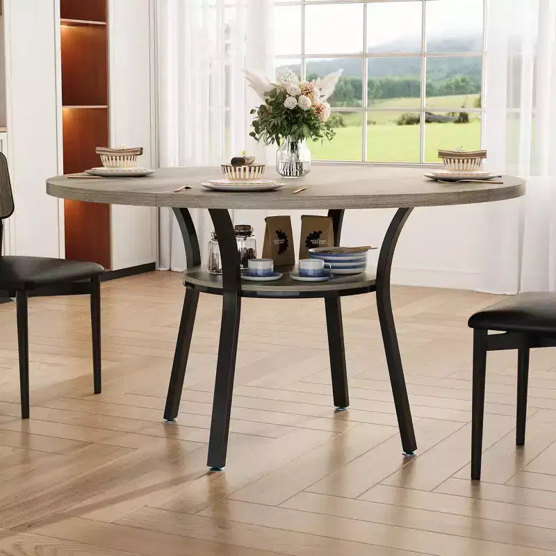 47'' Round Dining Table for 4-6 People, Farmhouse Kitchen Dining Table, Round Dinner Table with Storage Shelf for Kitchen, Living Room (Table Only)