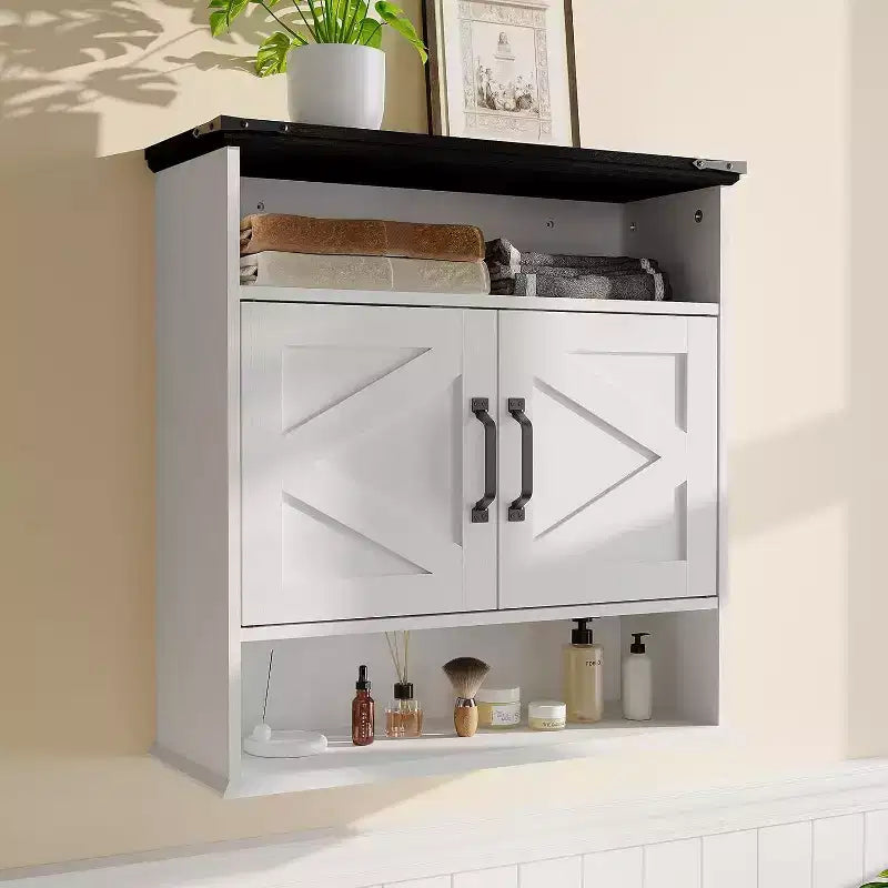 25x23.6 Inch Farmhouse Wall Mount Medicine Cabinet with Barn Door & Adjustable Shelves - White Storage for Bathroom Kitchen