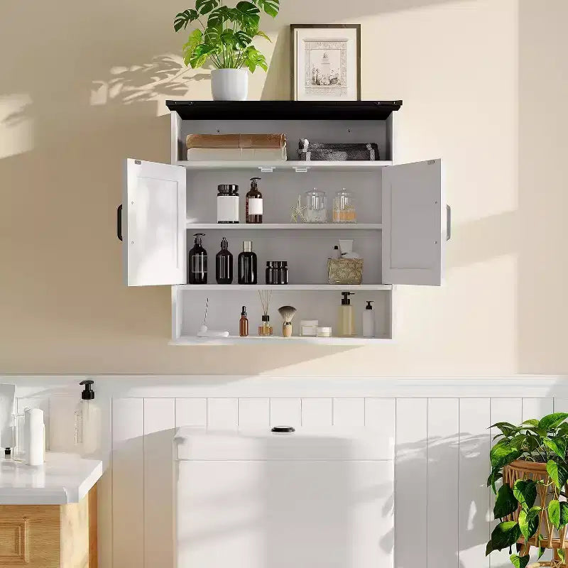 25x23.6 Inch Farmhouse Wall Mount Medicine Cabinet with Barn Door & Adjustable Shelves - White Storage for Bathroom Kitchen