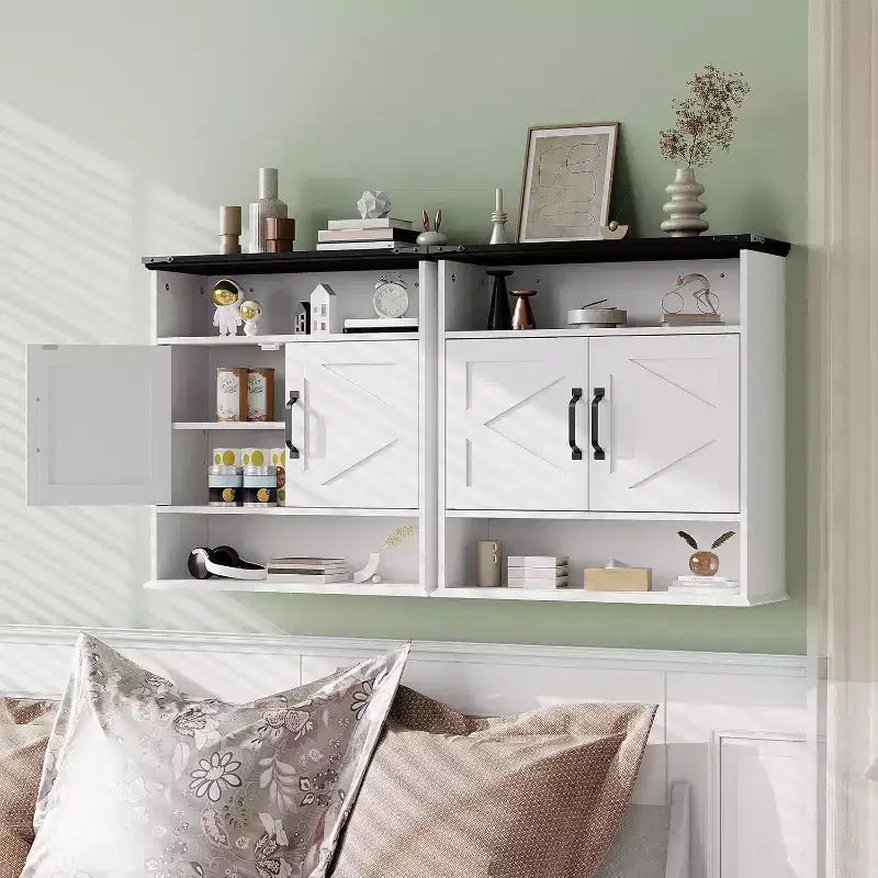 25x23.6 Inch Farmhouse Wall Mount Medicine Cabinet with Barn Door & Adjustable Shelves - White Storage for Bathroom Kitchen