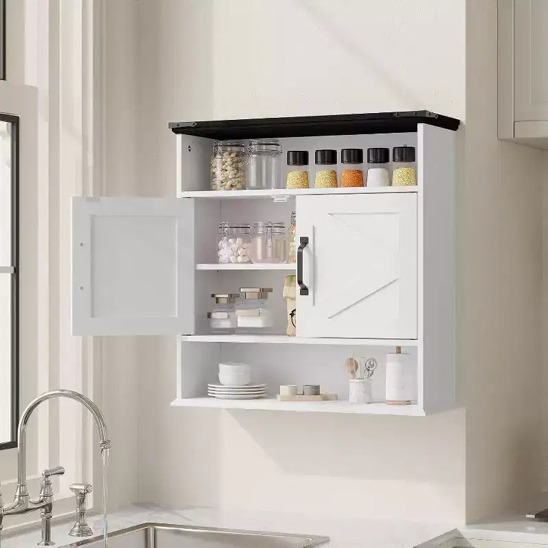 25x23.6 Inch Farmhouse Wall Mount Medicine Cabinet with Barn Door & Adjustable Shelves - White Storage for Bathroom Kitchen