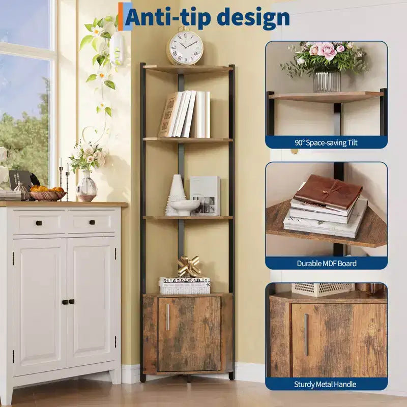 5 Tier Corner Shelf Stand, for Bedroom & Living Room, Industrial Corner Bookshelf for Home Office, Kitchen, Bathroom