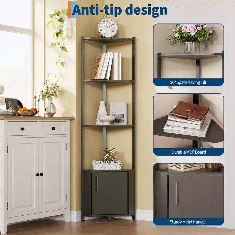 5 Tier Corner Shelf Stand, for Bedroom & Living Room, Industrial Corner Bookshelf for Home Office, Kitchen, Bathroom