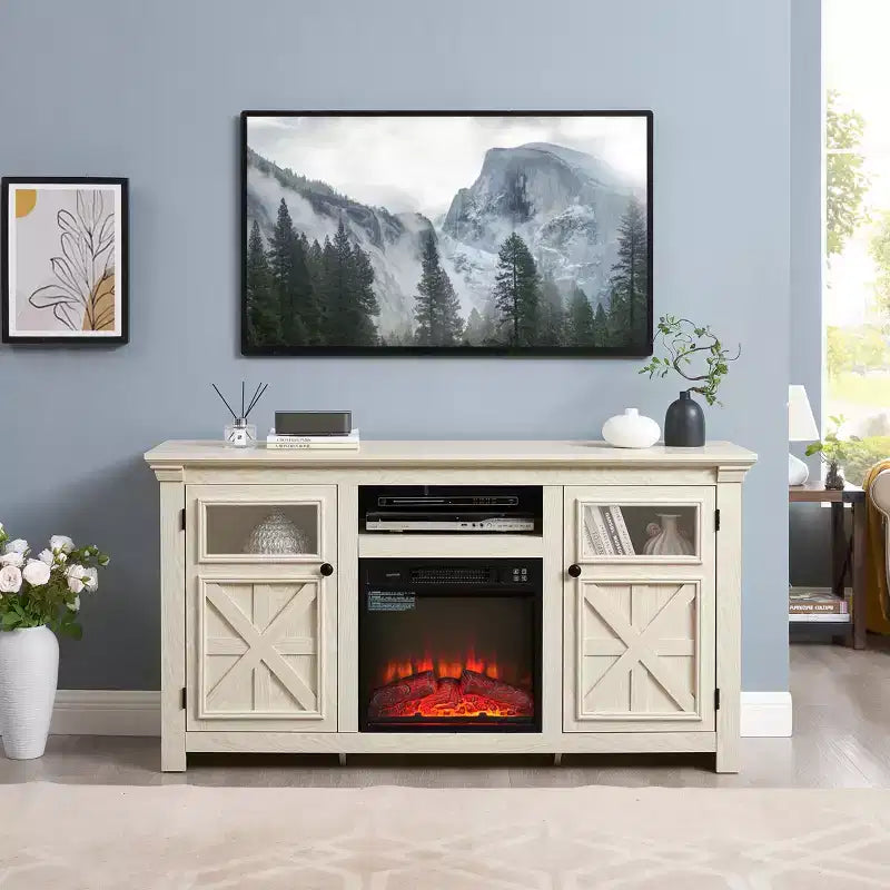 JVNOXK 60.23-inch Modern Farmhouse TV Media Stand Double-Door Farmhouse-Style Cabinet Large Barn-Style Home Entertainment Center White