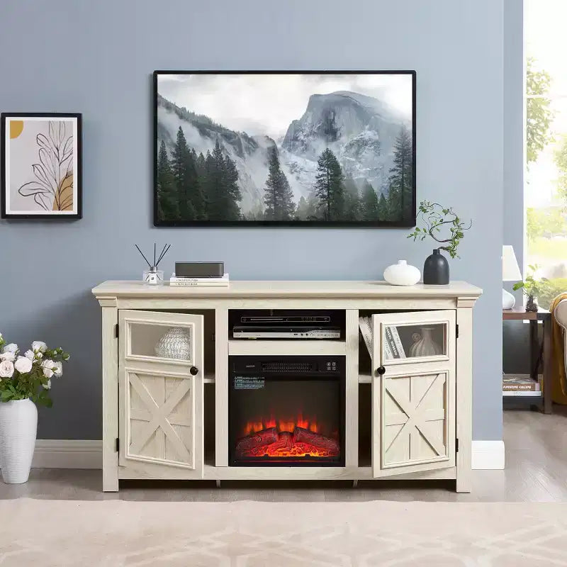 JVNOXK 60.23-inch Modern Farmhouse TV Media Stand Double-Door Farmhouse-Style Cabinet Large Barn-Style Home Entertainment Center White