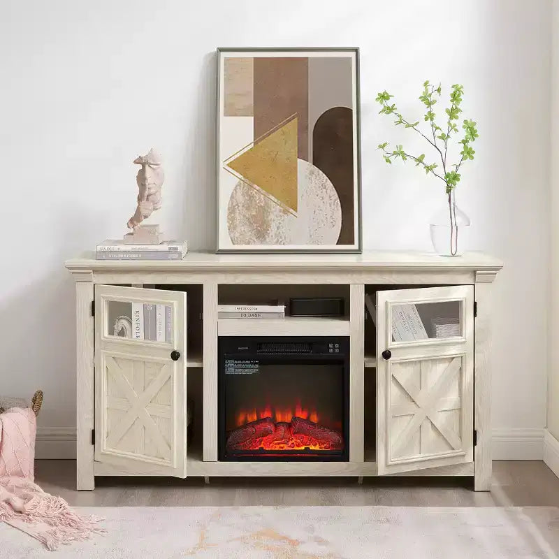 JVNOXK 60.23-inch Modern Farmhouse TV Media Stand Double-Door Farmhouse-Style Cabinet Large Barn-Style Home Entertainment Center White
