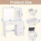 Vanity Desk with Mirror and Lights,Modern Makeup Dressing Table with Built In Outlets, Storage Stool,4 Drawers & Hair Dryer Holder